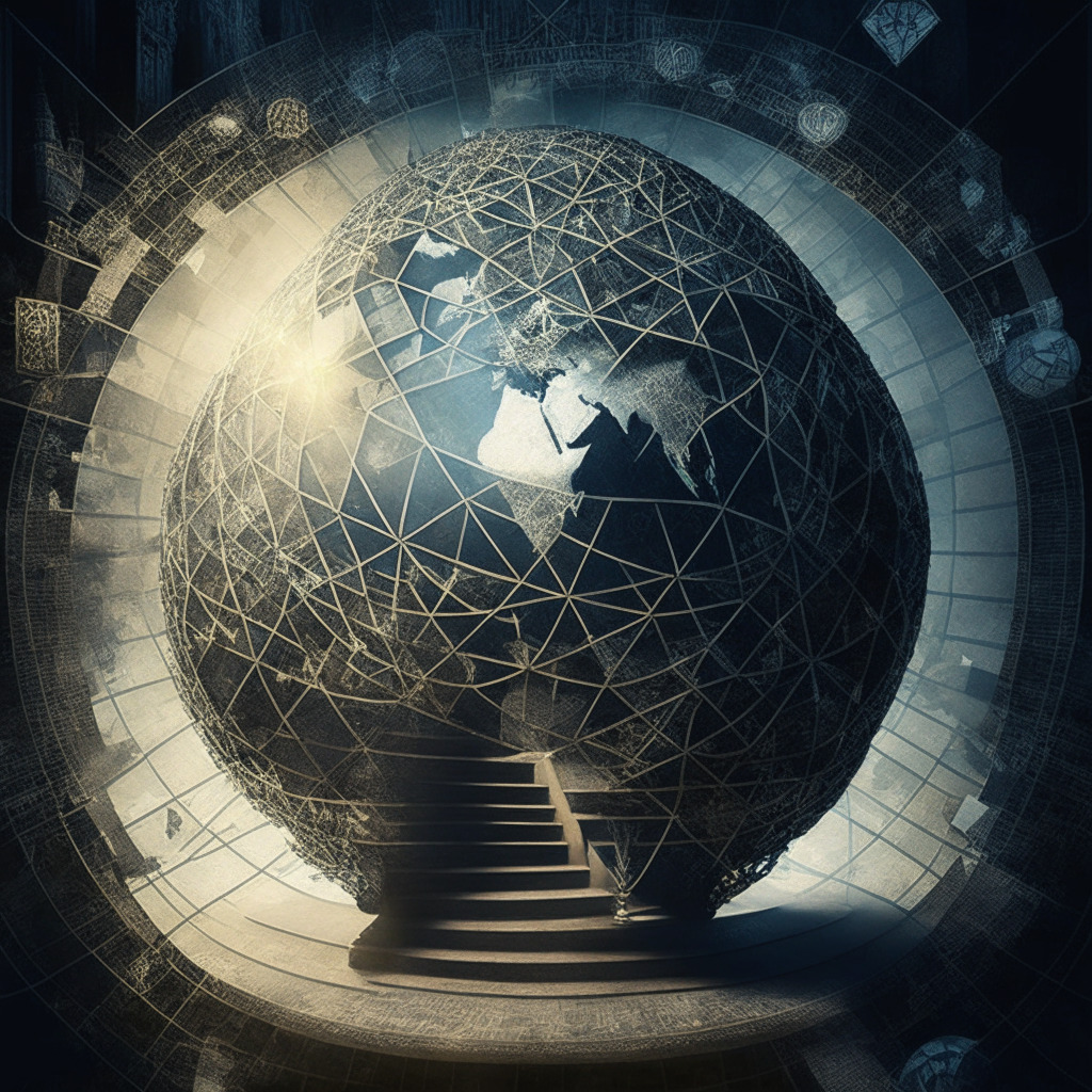 Neo-gothic styled image of a symbolic net enveloping a globe, showing diverse sectors including financial firms, legal companies and multinationals, imparting a sense of tighter regulations. Scatterings of cryptocurrency symbols and a staircase symbolizing ‘upgrading of skills’ illuminated by soft, filtered morning light invoking an ambiance of calm determination and focus.