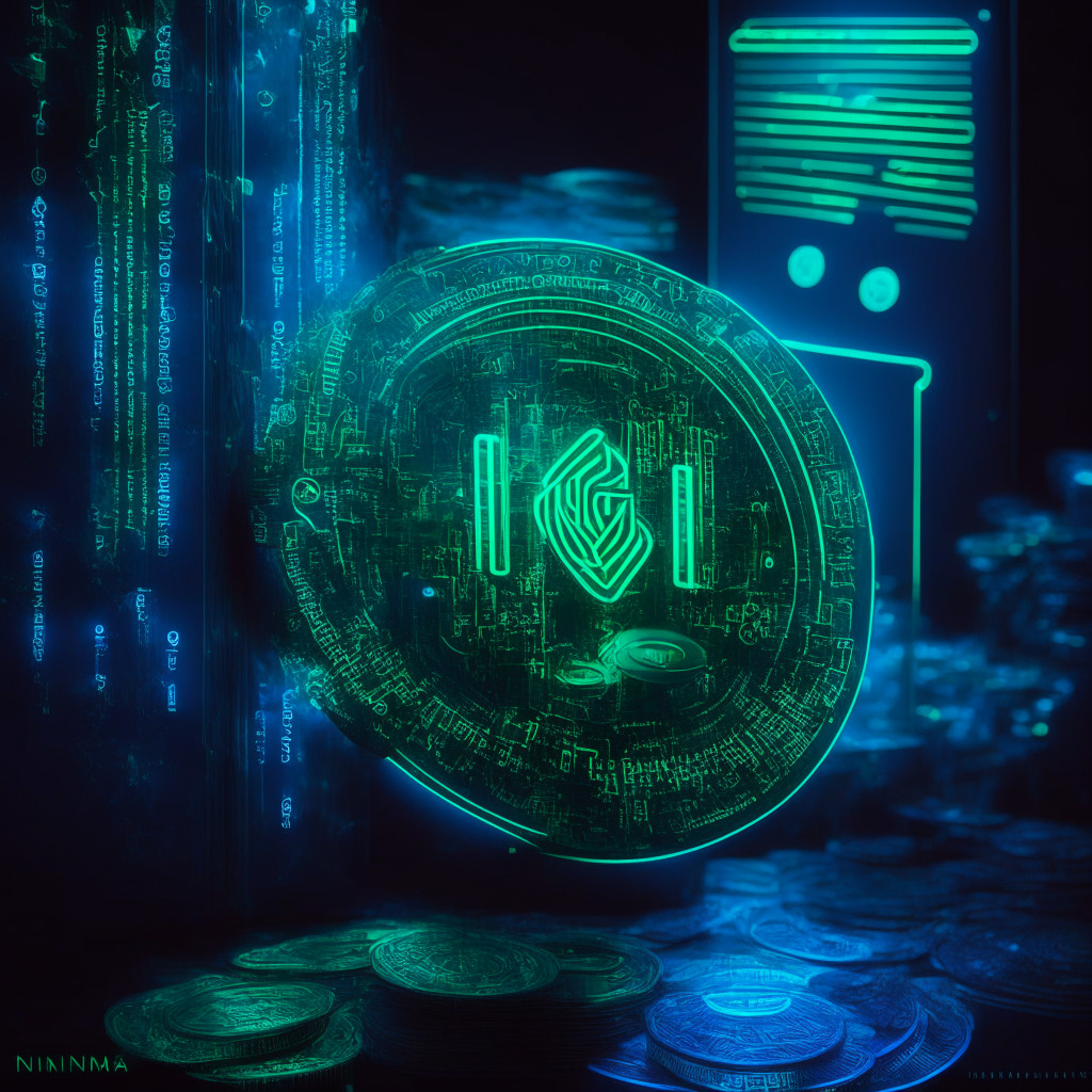 An abstract representation of Nigeria's digital currency evolution, eNaira, glowing, cyberpunk aesthetic, highlights NFC technology. Symbolic elements hinting at contactless payment, features that promote secure transactions. Moody lighting, with hues of blues and greens establishing futuristic ambiance.