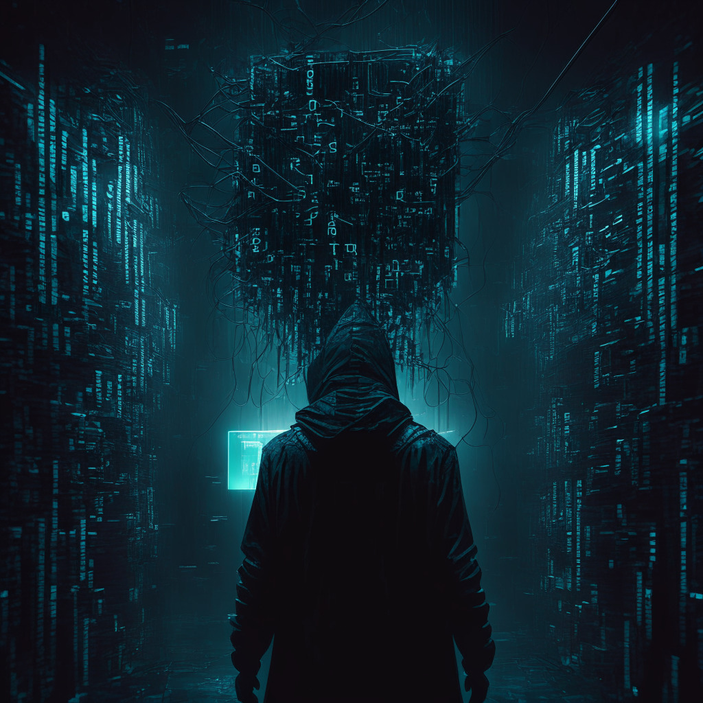 Dystopian digital world showing an intricate blockchain network being infiltrated by a shadowy figure, representing a hacker group. Set this under muted, ominous lighting to create a sense of high-profile cybercrime taking place. Artistically, consider a blend of neo-noir and cyberpunk styles to construct an intense, mysterious mood that resonates with the gravity of a big cyber breach.