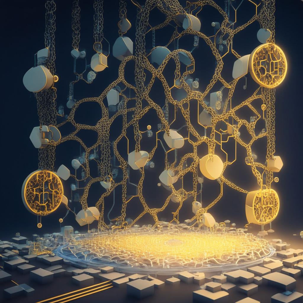 A high-tech diorama of interconnected chains to represent Ethereum's ecosystem, entwined with smaller chains symbolizing layers 2 and 3, against a backdrop of streaming code patterns that show their off-chain transactions. Light filters in like dawn on a new day, casting an optimistic & golden aura. The style is evocative of surrealism, casting a futuristic mood, with elements floating in space. Let the chains have the subtle hue of technology - electric blues and silvers.