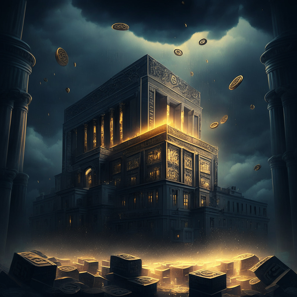 An intricately detailed scene of Pandora's box opening, golden Bitcoins fluttering out against a backdrop of an institutional building representing the traditional financial system. The setting is twilight with a turbulent dark sky, portraying the volatile mood of the crypto world. The contrast of the glowing coins and the dark building imply the possible shift and risk.