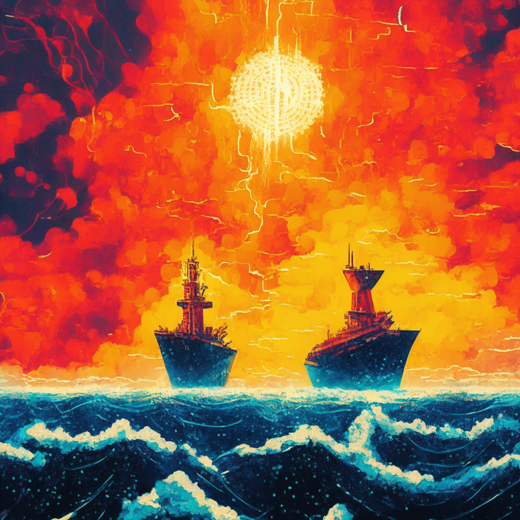 A metaphorical depiction of two rival blockchains, Optimism and Arbitrum, immersed in a sea of digital transactions under a sky filled with diverse data points. The scene is painted in the groundbreaking Post-Impressionist style, symbolizing technological innovation and evolution. The atmosphere is heated yet inspirational, lit by the golden glow of victory and the red flash of competition, imbuing the image with a sense of dynamism and unpredictability. The resounding theme of triumph, challenge, and unexpected turns accentuate the spirited, ever-evolving world of cryptocurrencies.