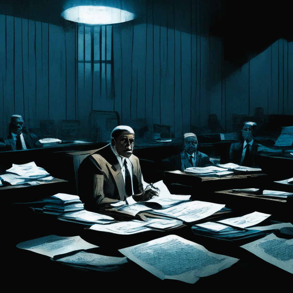 A bustling courtroom shrouded in muted hues of grey and blue. The stern expression of Chief Judge Srinivasan, spotlighted by a dimly lit desk lamp, bounces off gleaming mahogany tables. Scattered documents echo chaos and uncertainty. Glimpses of the SPIKES Index symbol, transitioning from a plain outline to a richer, more intricate design, illustrating its shift from 'futures' to 'securities futures'. A distant ominous storm, representing the hazy future of crypto regulation, looms behind the courtroom's celestial stained-glass windows.