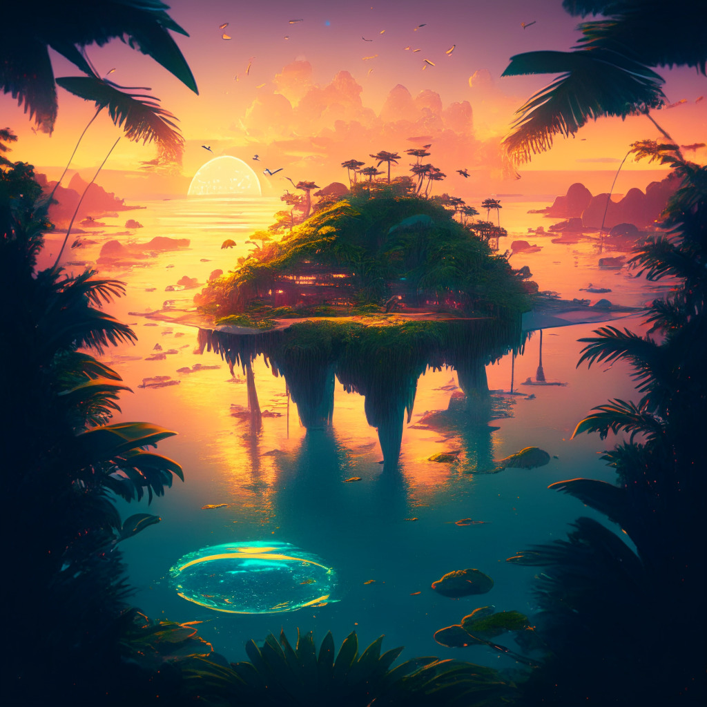 A tropical island being bathed in the gentle glow of a sunset, containing futuristic elements intertwined with primal nature. Depict a holographic, dollar-pegged stablecoin floating above the dense jungle, blockchain patterns seeping into the environment. Add a hint of the idyllic charm of Palau, also mix intrigue and anticipation embedded in the atmosphere, hinting at the island's venture into digital currency and crypto exchange. Contrast this with a serene and tranquil beach background.