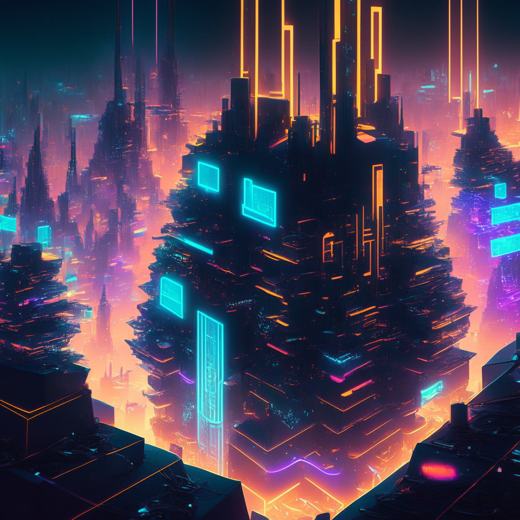 A thriving digital metropolis, bustling with neon-lit NFT collections, standing tall on a network of intricate, cybernetic infrastructures, layered atop shimmery Ethereum and Polygon substrata. Layer 2 glowing under the warm, soft light, symbolizing lowered gas fees and enhanced transaction speed. An energetic, futuristic atmosphere emanates progressive growth, while sub-DAOs, represented by holographic guiding entities, provide governing oversight. In the foreground, the majestic Palm Foundation building - an architectural marvel of good governance, paving the path forward.