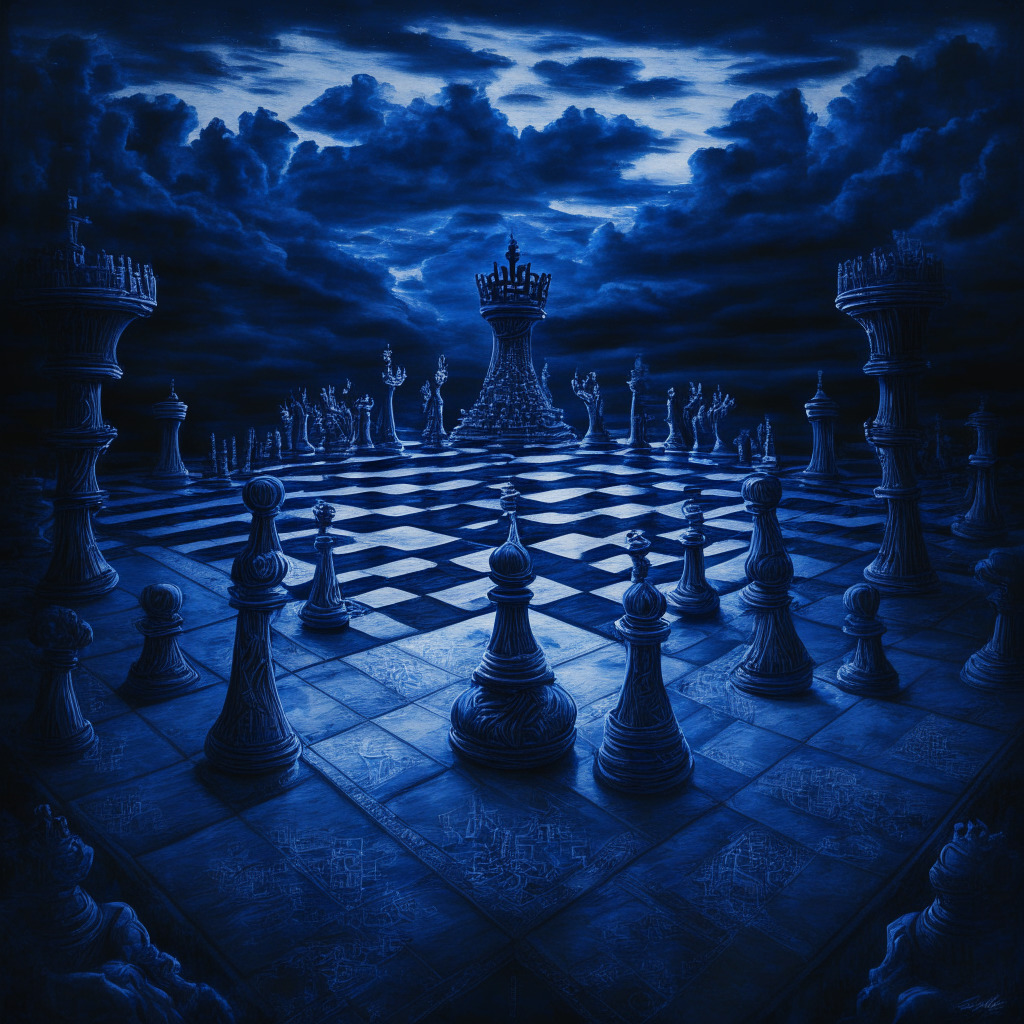 An atmospheric image of a large, intricately carved chessboard under a moody, indigo twilight sky. Chess pieces represent various symbolic crypto elements such as tokens, wallets, and networks, poised in a strategic game. The largest piece, a king, symbolizes a major cryptocurrency, ready for a meaningful move. The scene evokes a sense of anticipatory tension and economic power plays, styled in the manner of a classic oil painting.