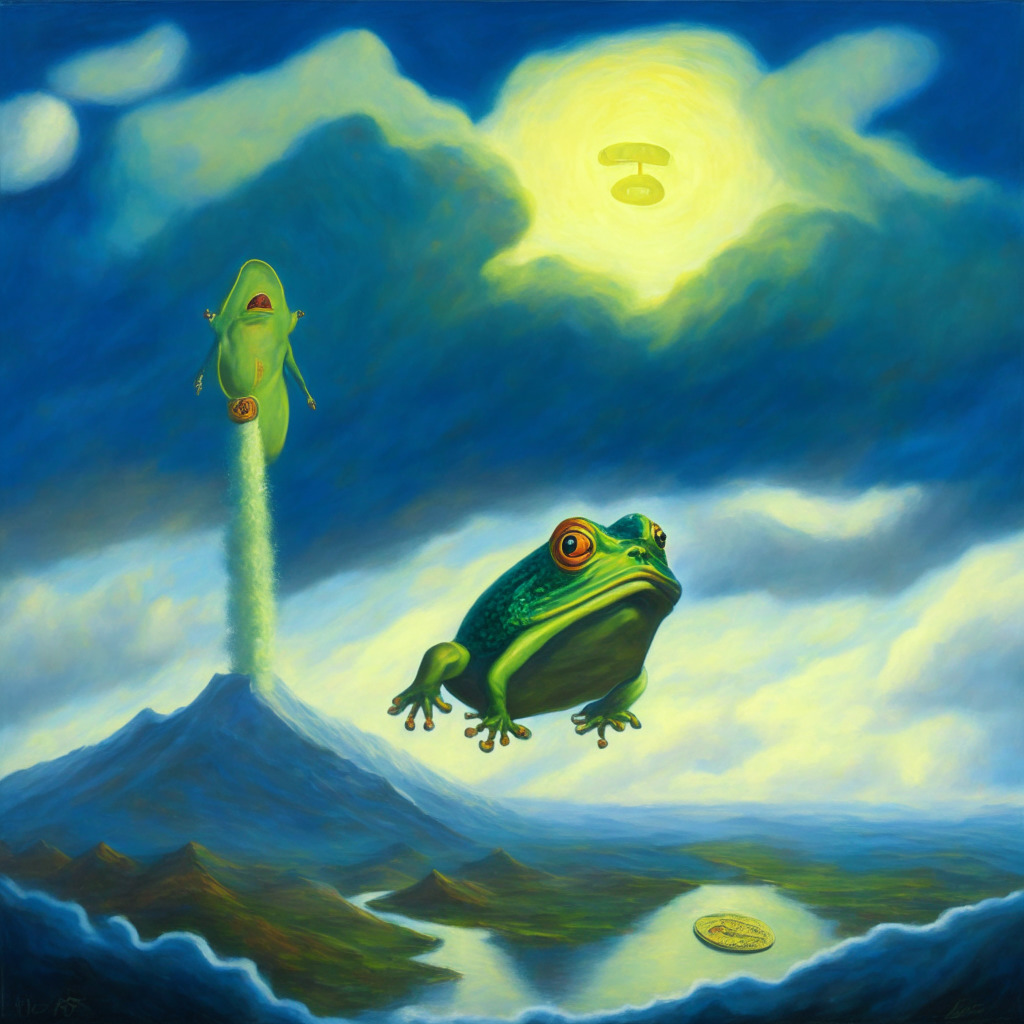 Surrealistic painting of a giant frog (representing Pepe Coin) and a smaller, rising rocket (representing BTC20), bathed in cool light under a cloudy sky denoting volatility, smaller fish circling the frog, indicating investors. Various heights of mountains symbolising fluctuating crypto values, dawn scene for a hopeful mood.