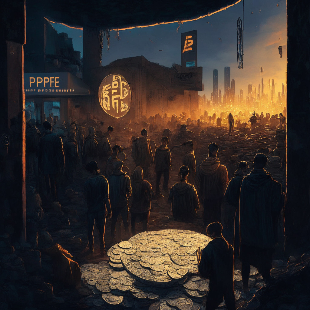 A twilight scene in a bustling, futuristic cryptocurrency market. Highlight the decline of a once-majestic coin named 'Pepe', depicted as an ancient coin tarnished and eroding, plunging in value. Contrast this with a new, shiny coin wrapped in elements of hip-hop culture, dubbed 'Thug Life Token', quickly ascending in altitude. The mood is one of suspense and intrigue, enveloped in warm, hopeful colors symbolizing a potential surge for the newcomer. Aesthetically, use a blend of cyberpunk influences and digital artistry.