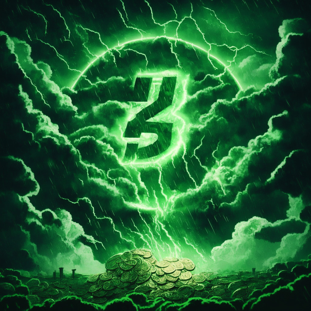 A digital coin ascends along a lightning-filled sky, glowing in a vibrant green tone to symbolize the recent growth and strength of the Pepe Coin. While the mood is marked with uncertainty, whispers of potential future downturn, in the far background, large figures, symbolizing large stakeholders, accumulating more of the shimmering coins. But amidst the dark clouds, the coin's trajectory continues towards a spotlight in the sky, signaling the alluring yet high-risk nature of this cryptocurrency market. Artistic style: neo-noir.
