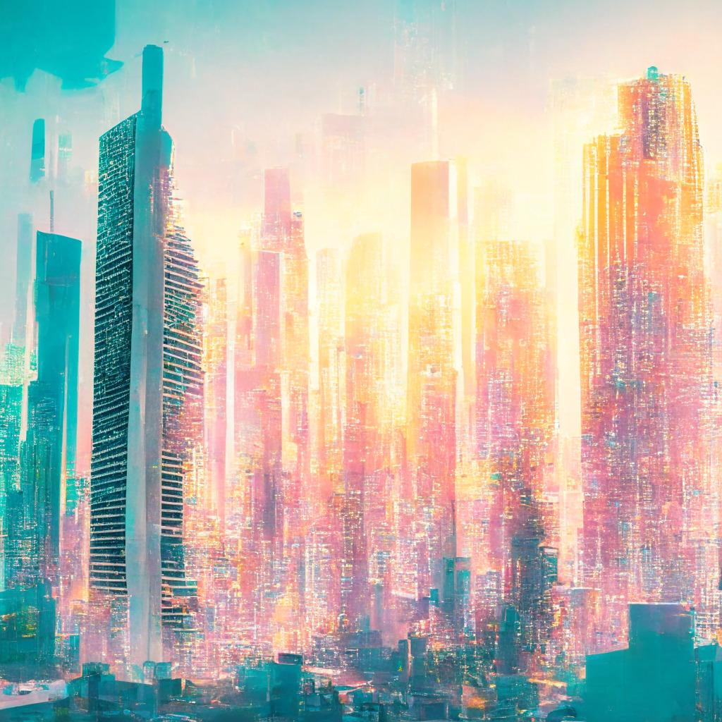 A vibrant, future-oriented cityscape in the Philippines, the morning light is just clearing the morning mist, bathing the high tech city in soft, ethereal light. Scribbles of blockchain codes intertwine with buildings, illustrating the nation's emerging standing in digital finance. Young, tech-savvy citizens, engulfed in pastels, are interacting with holographic interfaces, symbolizing crypto engagement. Elements hint to a popular blockchain game, such as an indistinct figure of a digital pet subtly appearing in the city's digital billboards. The city breathes optimism, yet some corners are shrouded in shadow, representing cautious skepticism and the potential of the unseen future.