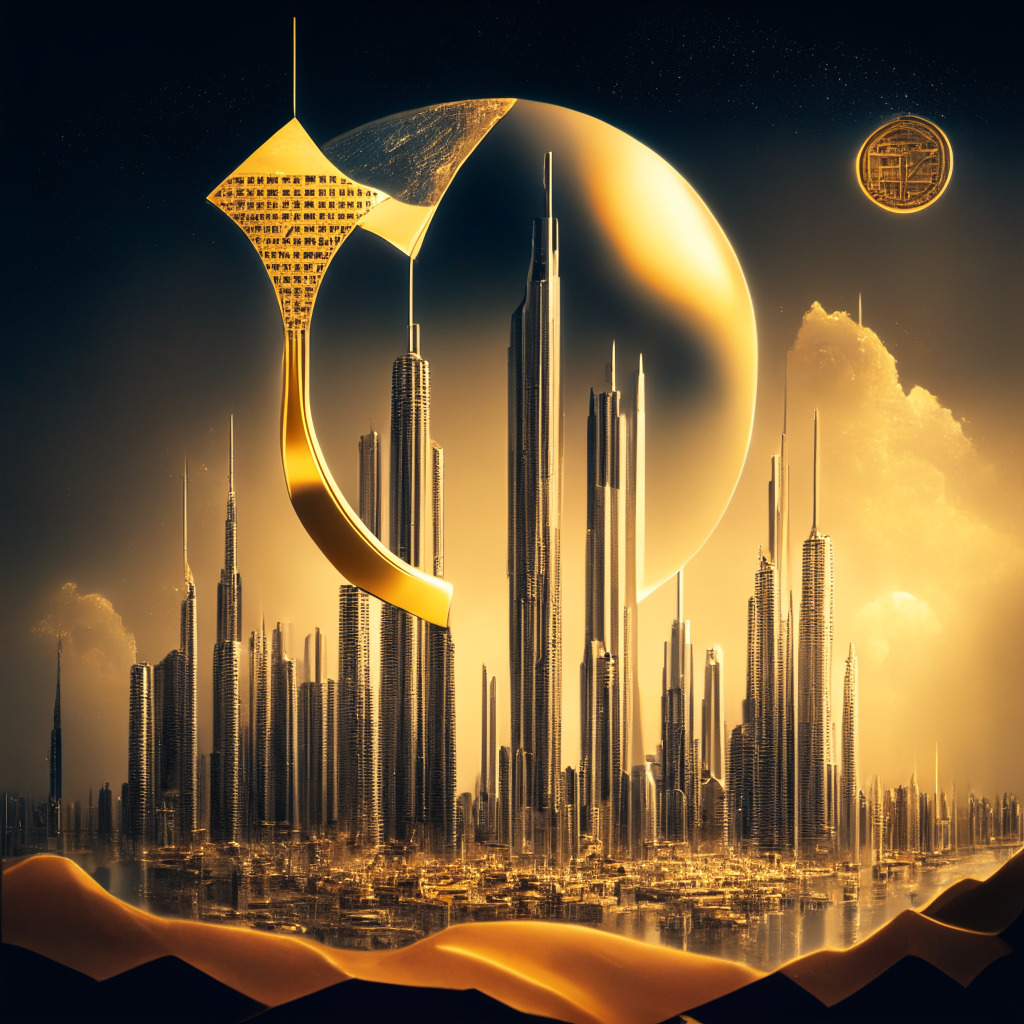 A futuristic cityscape of Dubai with crypto-mining facilities gleaming amidst towering skyscrapers under the golden, dusky sky, a spinning golden coin representing cryptocurrency orbiting in the cloudy sky, merger of optimism & strict regulation symbolized by a scale balancing a golden opportunity and a gavel.