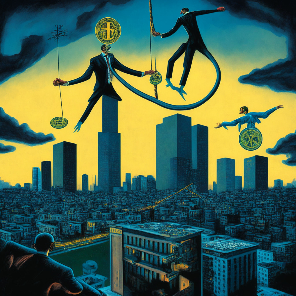 A surrealist image depicting tension between crypto world and tax systems, Balancing on a tightrope over a cityscape of Puerto Rico at dusk, an individual is juggling cryptocurrency symbols, whereas in the background, on the mainland, imposing figures representing IRS agents are watching. Heavy with symbolism, it showcases a balance of power, risks and tensions between regulation and freedom. Paint it in a noir style, considering the somber mood and creating a suspenseful atmosphere.