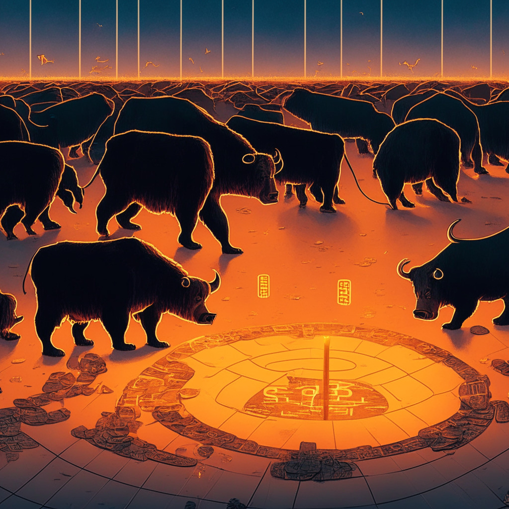 A scene of a labyrinth-like cryptocurrency market at twilight, bathed in contrasting warm and cold hues. A bear trudging below a marked line labeled BTC representing the tumbling value, while a bull stands fiercely near the line labeled ETH, symbolizing growth. Smaller coins are fluttering around in various patterns indicating volatility, uncertainty, and diversity. The bulls and bears are open to a dance floor, in a moment of stillness indicating anticipatory action. The mood is tense, ambiguous with an aura of mystery and unpredictable dynamics.