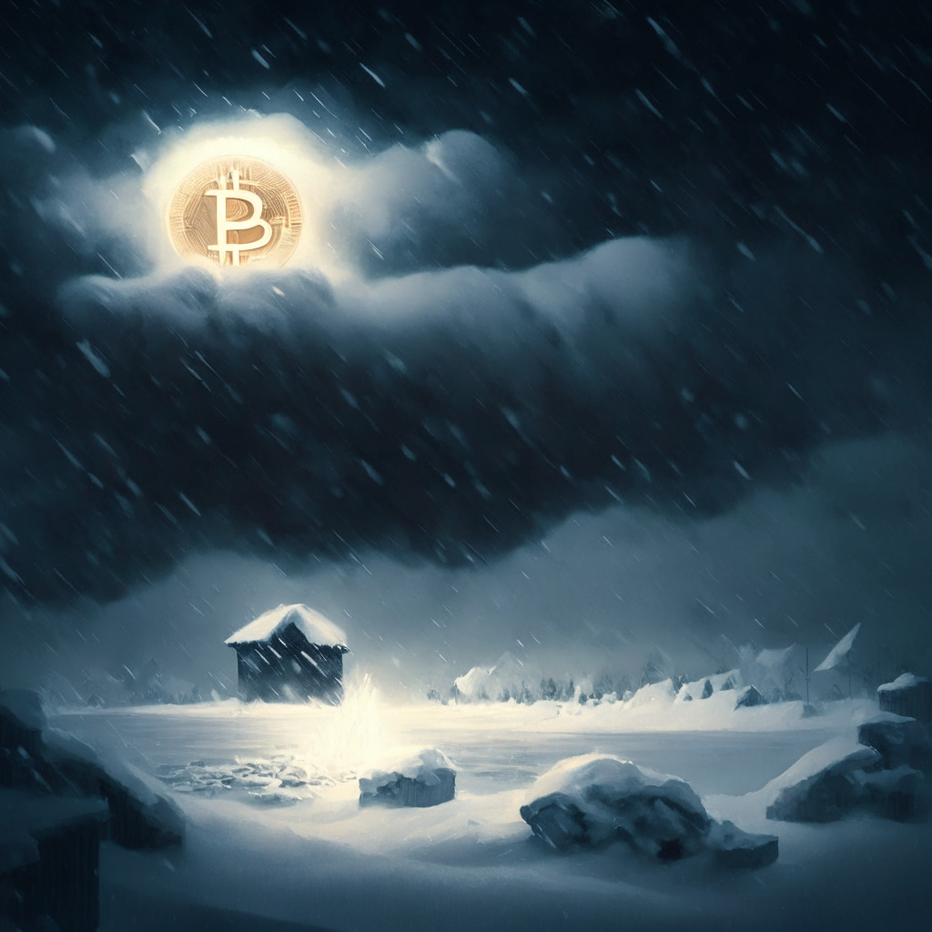 A dimly lit scene showcasing the visual metaphor of a financial blizzard, symbolizing the crypto winter. The foreground features a simple, illuminated target at $400 million, partially covered in snow. Background filled with tumultuous, stormy clouds invoking sense of uncertainty. The overall mood solemn, but with glimmers of hope and resilience.