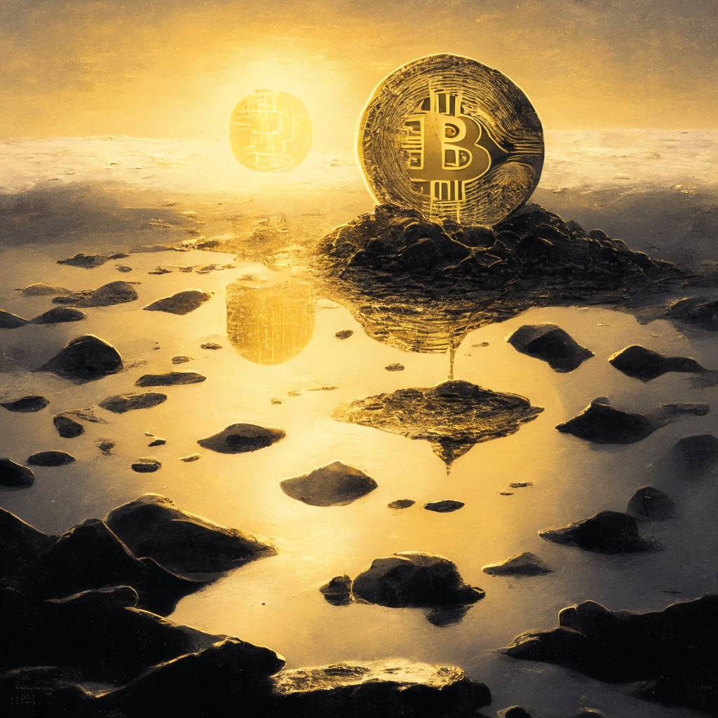 A vast, pearly financial landscape bathed in soft, golden twilight, playing with the theme of uncertainty. Highlight a neglected, shimmering ETF placed at the center yet on the edge of the scene, symbolic of its uncertain position in crypto. Portray cryptic whispers of hope from Bitcoin advocates against skeptics' doubt, casting a somber mood. Imbue an artistic hint of Renaissance to reflect the beginning of a new era.
