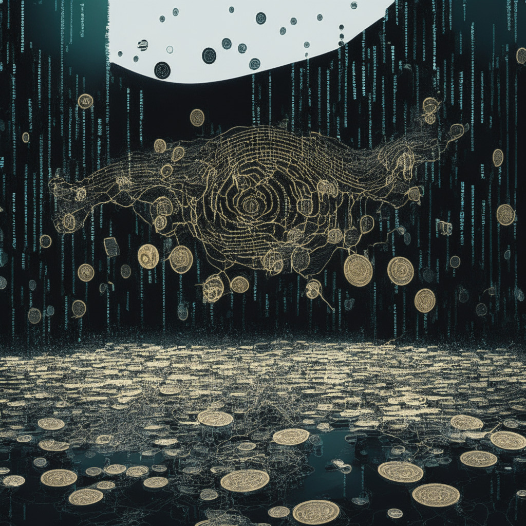 Digital interpretation of the near-miss data breach at a major crypto exchange platform, filtered through a tone of anxious anticipation. Imagine an abstract landscape echoing with the threatening presence of a data leak, featuring swirling binary codes as metaphor for leaked credentials, vulnerability shadowing a sea of bold, shimmering coins symbolizing crypto assets. The setting should carry a touch of drama with dark, ominous lighting creating a suspenseful atmosphere that foreshadows potential disaster. However, it's laced with subtle silver linings, hinting at a narrowly averted catastrophe. The mood is reflective, encouraging contemplation on cybersecurity weaknesses and the need for proactive protection.