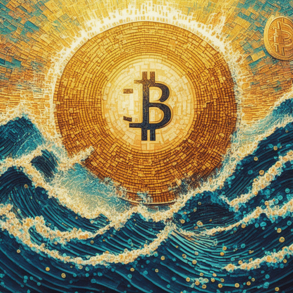 A bulls-eye view of a mosaic Bitcoin amidst rising waves, symbolizing high trading volumes, under a radiant golden light, capturing the bullish sentiments in the crypto markets. Energetic colors portray the race to list a spot Bitcoin ETF, while a discreet half-moon encapsulates the nearing Bitcoin halving, set in an ambiance of high-stakes uncertainty.