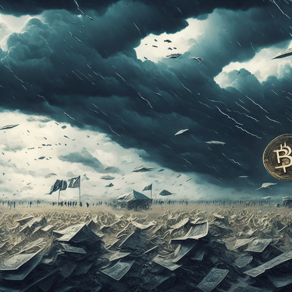 A gloomy yet intriguing scene of a crypto battlefield, two armies representing Central Bank Digital Currencies and traditional cryptocurrencies. The landscape is dominated by paper and digital money swirling in a whirlwind, highlighting the merging fields. The sky features an undecided weather, teetering between stormy and clear skies, embodying the uncertainty and division, and the mood is brooding, tense yet hopeful.