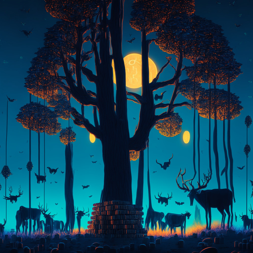 A surrealist-inspired scene at twilight with bright, moonlit hues reflecting off a bullish crypto market. Unusually tall stacks of coins symbolizing Bitcoin's 80% rise are at the forefront, a subtle ‘bull’ figure hidden in the shadows. Tech stocks represented as vibrant, luminous trees stretch skywards, reaching a 52-week peak. AI systems personified as sentient entities casting long shadows are scattered among them. The presence of bonds, subtly designed as sturdy bridges, adds an element of financial stability, linking the scene together. The overall mood is optimistic, capturing the unforeseen surge in crypto amidst adversities.
