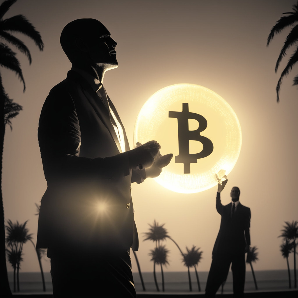 Portray a Democratic presidential candidate, (not to be recognized as any real person, no logos), triumphantly holding up a shiny Bitcoin against the backdrop of a 2023 conference in Miami. For style, think noir with a modern twist. Set it in the post-sunset hours for a moody, mysterious atmosphere, with the candidate under a spotlight, creating sharply contrasting Shadows and hints of secrecy.