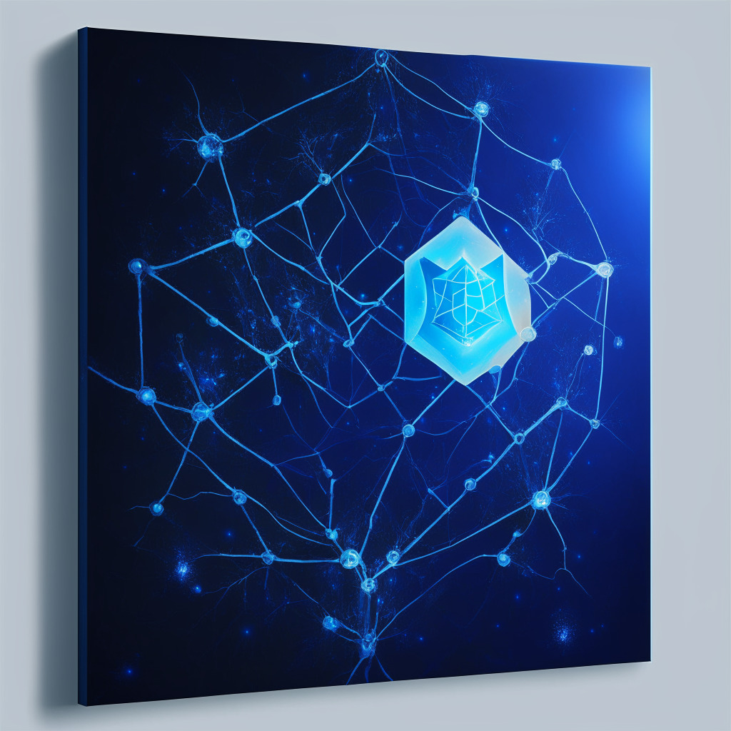 Futuristic abstract canvas symbolizing a digital age of privacy on a blockchain network, highlighted by a Sapphire glow, interacting with Ethereum's familiar frame, central DAO, decentralized applications branching out, under an optimistic light with a mood of revolution and apprehension, casting subtle shadows that hint at the transparency needed for balance.