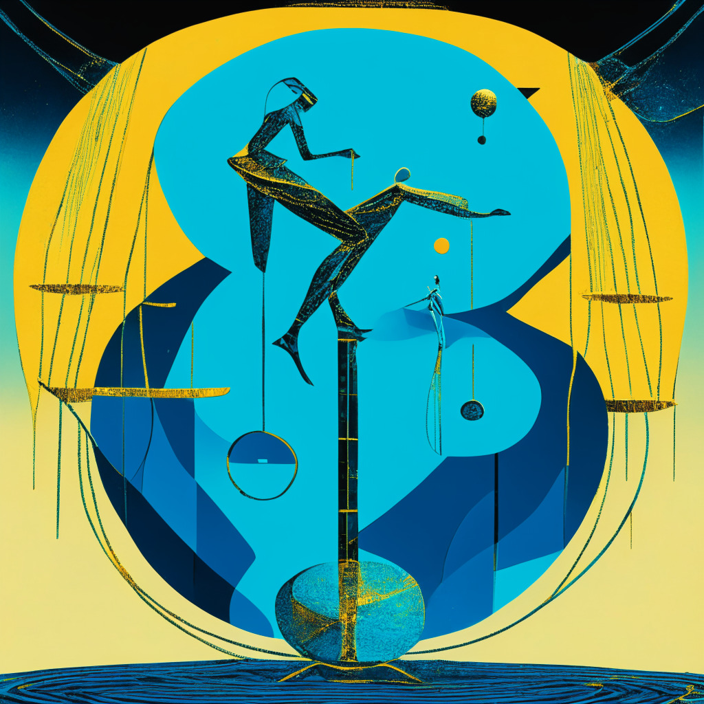 Depiction of a precarious balance performed by an abstract character, symbolizing 'Worldcoin', on a brass tightrope over a dichotomic landscape. One side teeming with blockchain innovation: vivid geometrical patterns, shiny, futuristic hues. The other reflecting data privacy regulations: cool, soothing blues, stern shapes. Mood: tension. Style: interpretive surrealism. Lighting: twilight's soft glow.
