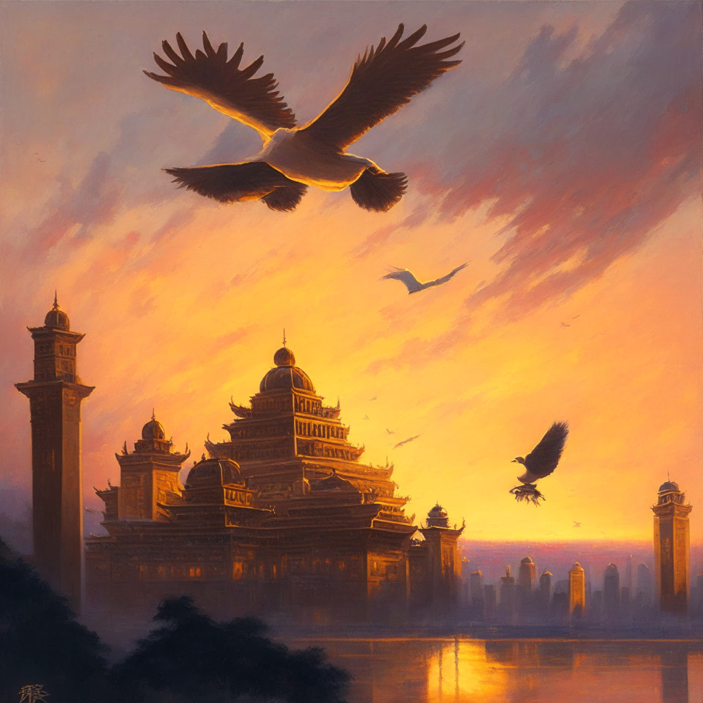 An intricately detailed, neoclassical style painting of China's digital yuan soaring like a bird over a vast cityscape at dusk, giving a sense of exponential growth and forward momentum. The digital aura juxtaposed against the historic architecture radiates an impressionist blend of the modern and traditional. A subdued light from the setting sun casts rich, warm colors, amplifying a hopeful yet edgy mood due to looming uncertainties. Digitally stylized numbers and symbols should be floating around illustrating the massive transaction volume.