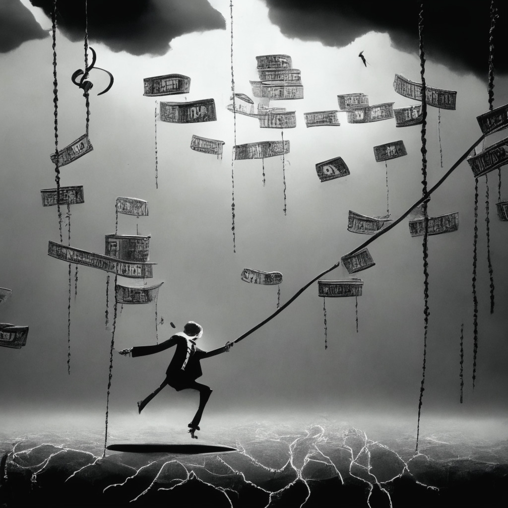 A greyscale scene depicting a tightrope walker balancing on wire, over an abyss filled with numbers and currency symbols. Heavy clouds represent turbulence and uncertainty, casting surreal shadows. The scene reflects a film noir aesthetic, signifying the potential risks and thrill of innovative financial ventures in digital banking terrain.