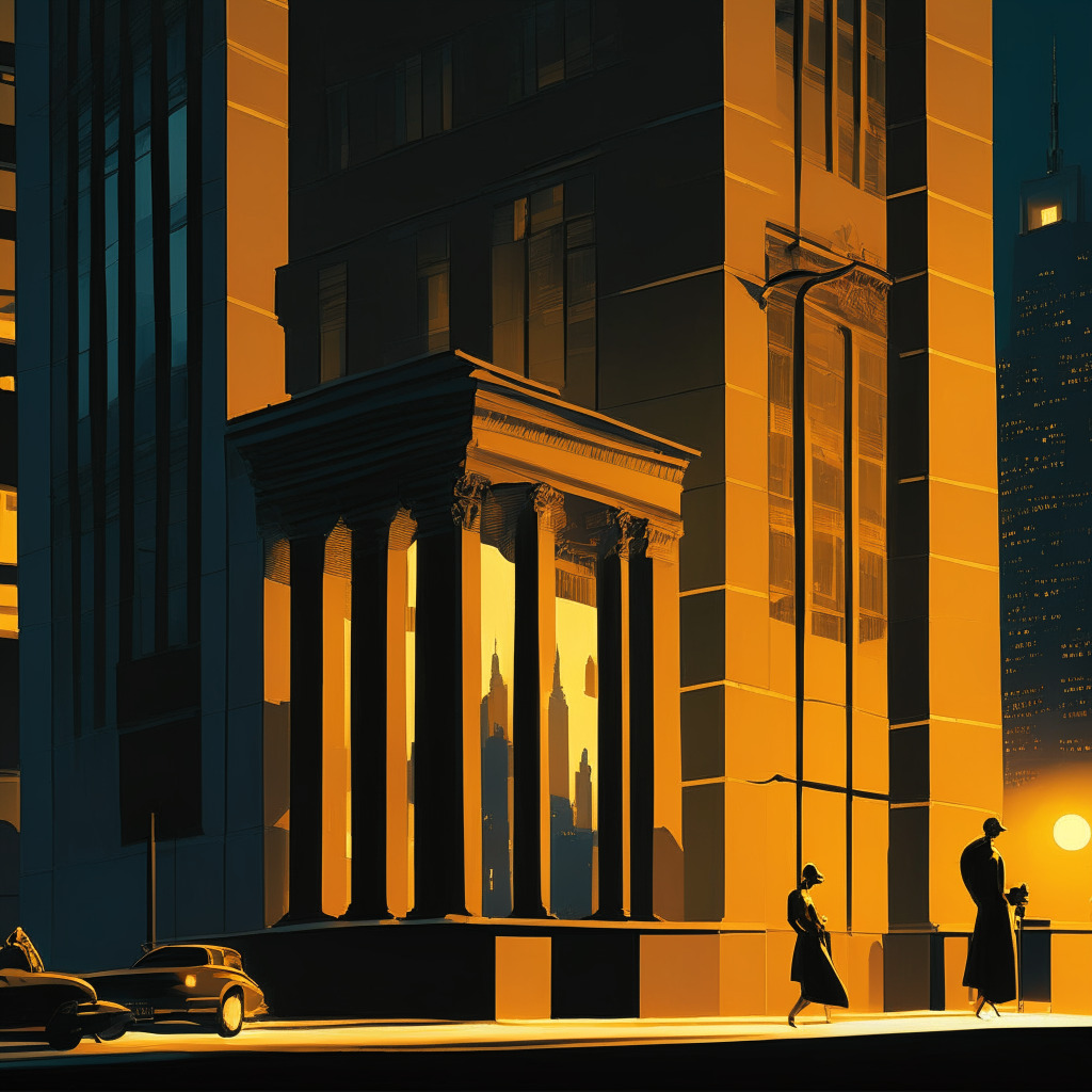 Late evening setting with golden lights illuminating Wall Street, a symbol of a Bitcoin ETF prominently displayed on a digital billboard, Dramatic shadows cast by towering architectural buildings surrounding the scene. Scene enveloped in a hopeful mood, reflecting the anticipation of the financial world. Artistic style reminiscent of Edward Hopper's Nighthawks, imbuing a sense of change and transition.