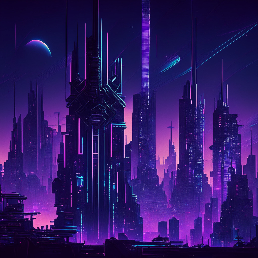 Late-night scene of a futuristic city, washed in hues of blues and purples. An emblem of a double-edged sword hovers above the skyline, illustrating quantum computing's dual promise and threat. The city's architecture intertwines with complex quantum symbols, highlighting the intricate relationship between technology and economy. The mood is tense, hinting at looming threats amidst technological advancement. Shadows and luminous details accentuate the paradox of progress and stagnation.