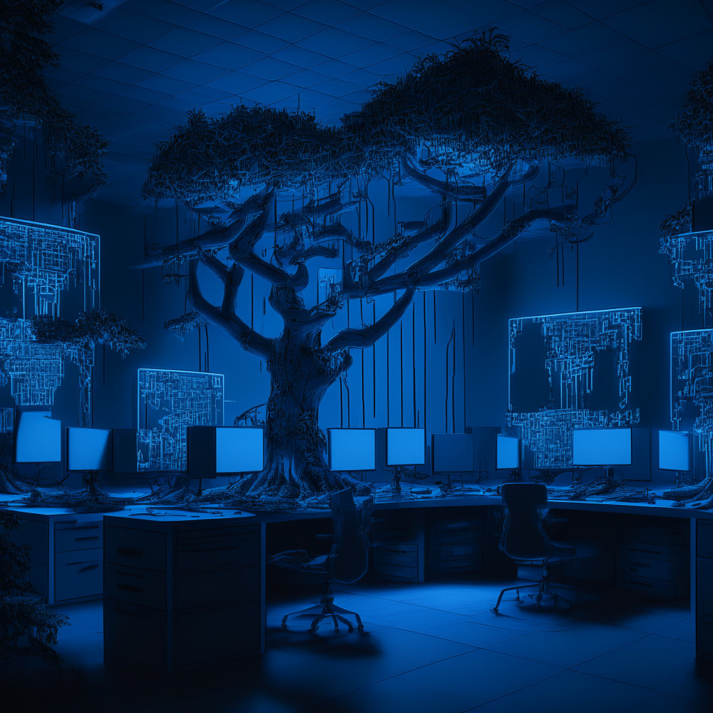 A futuristic, dimly lit office space with various computing stations each displaying intricate, code-like tree structures representing the Bonsai computing platform. The style is evocative of the cyberpunk genre. Cryptographic symbols subtly decorating the walls, casting mysterious shadows. A soft blue glow radiates from the screens, adding a dynamic touch to the otherwise desolate scene. The atmosphere is cool but bustling, signifying technological progress amidst uncertainty.