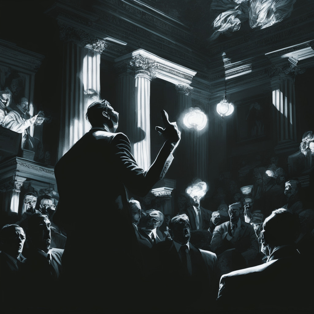 An intense debate scene set within the grandeur of U.S. Congress corridors, a solemn Republican Representative passionately arguing against Central Bank Digital Currencies. Mood tints towards dramatic, using chiaroscuro style, the lighting illuminating his emphatic gestures underlined by shadowed spectators. No definite decisions symbolized through ambiguous spatial forms, hinting at the unfolding saga of digital finance.