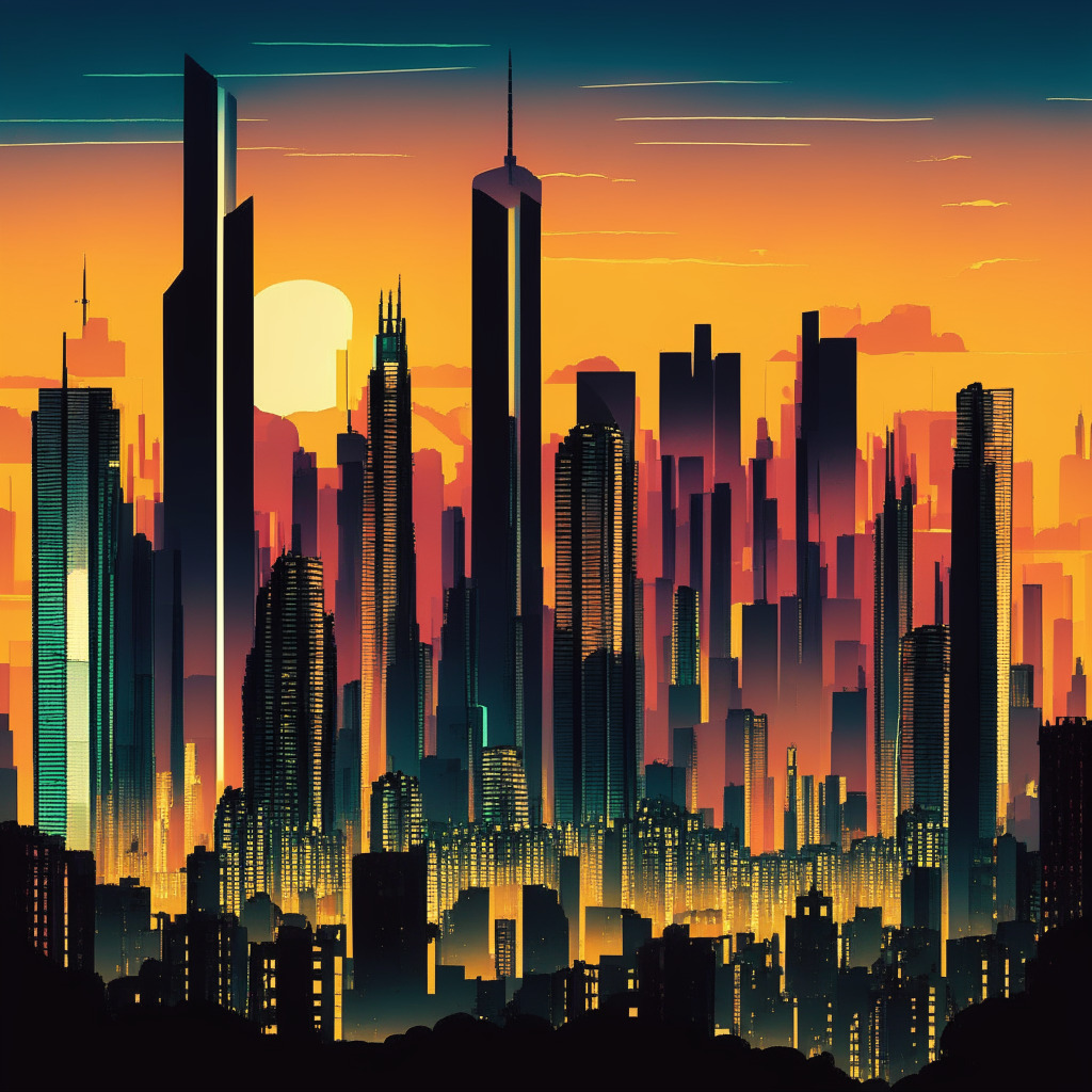 An animated metropolis in Brazil at dusk, emblematic of vibrant economic growth and innovation, under a sky tinged with sunny optimism and hues of potential risk. The skyline showcases technologies and infrastructures, hinting at a financial revolution. Silhouette outlines of potential investors, painted in a realistic late Renaissance style. The mood is one of anticipation and excitement, yet undercurrents of uncertainty.