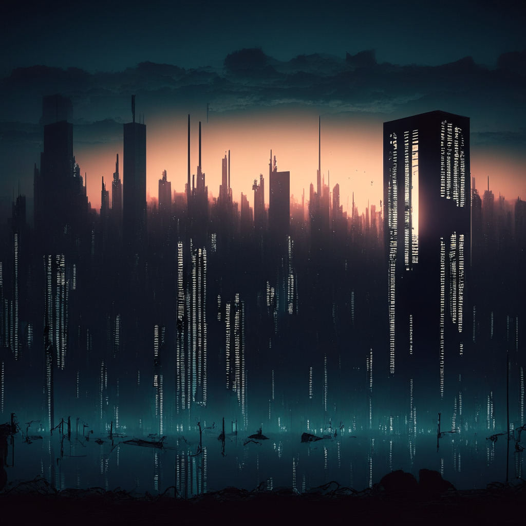 Dystopian cyber landscape at twilight, filled with digital currency symbols, fading slowly, reflecting a 77% decline in crypto scams. In the backdrop, a looming shadow signifying menacing ransom attacks, growing larger and darker, indicating a 62.4% increase in ransomware revenue. Secluded skyscrapers in the middle distance representing large corporations. The overall ambience is intimidating yet hopeful, echoing the resilience brought by heightened awareness.