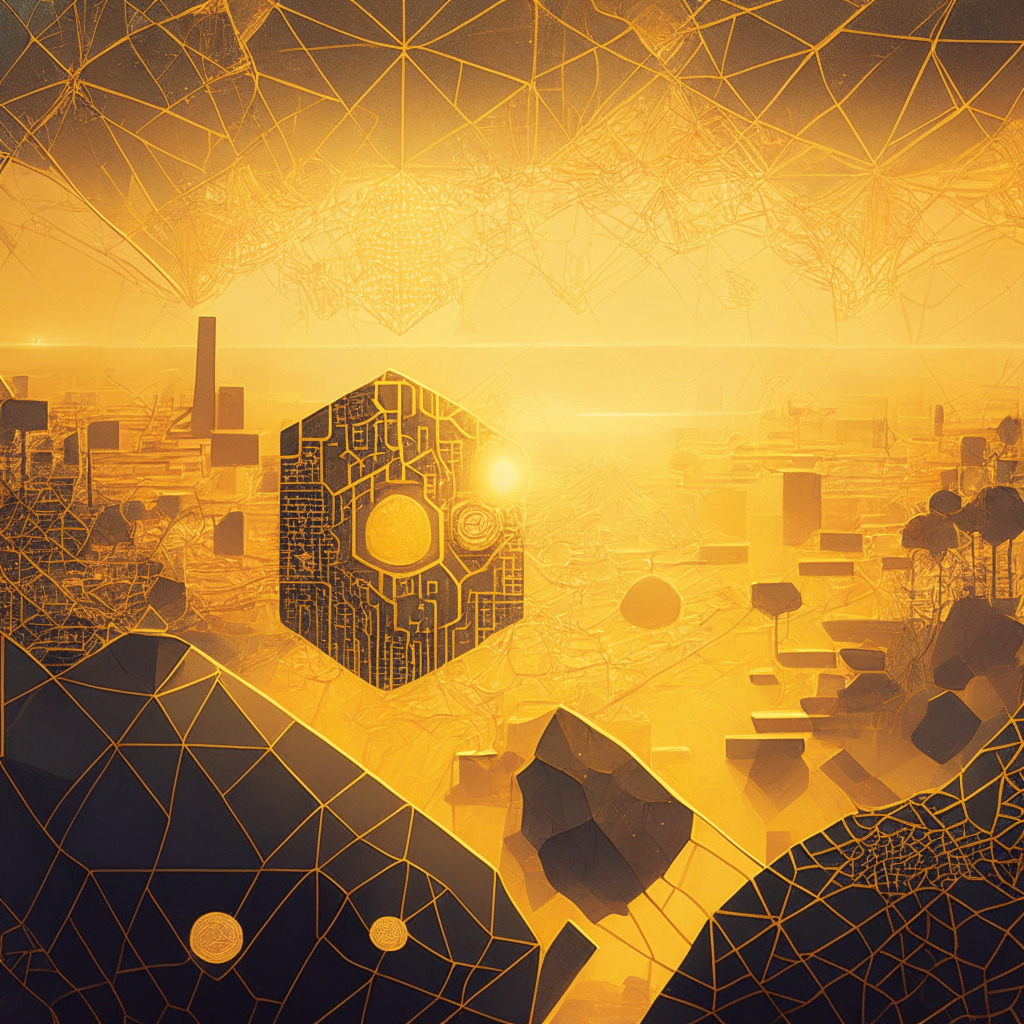An intricate circuitry landscape under a golden, hazy dawn, a visual metaphor for the Ethereum ecosystem. Fast-paced abstract elements, representing rapid scaling and harnessing of Zero-Knowledge-Proofs. The scene imbues a sense of competitive energy, innovation through varied forms and figures. In the backdrop, an enigmatic sphere, symbolic of Polygon's zkEVM: a source of light yet shrouded, hinting at the off-chain computations, where not all data is revealed.