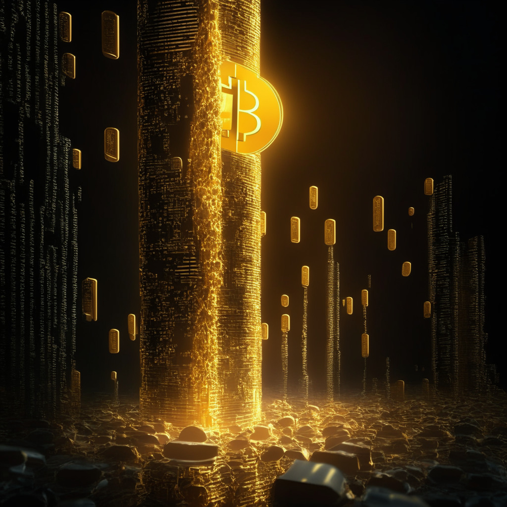 Golden bitcoins shimmering against a dark technological grid, embodying thriving markets in Q2 2023. A towering column, representative of $100 million mining fees, casting long shadows. Soft, luminescent light reflecting a positive surge, with a faint undercurrent of uncertainty.