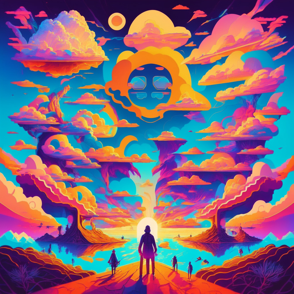 Vibrant digital art landscape bustling with intricately designed NFT avatars by Reddit, lit under a dramatic sky divided by rays of hope and clouds of uncertainty. Avatars derived from the theme, Retro Reimagined, filled with a mix of optimism and resilience, interacting while being interconnected via imaginary blockchain links.