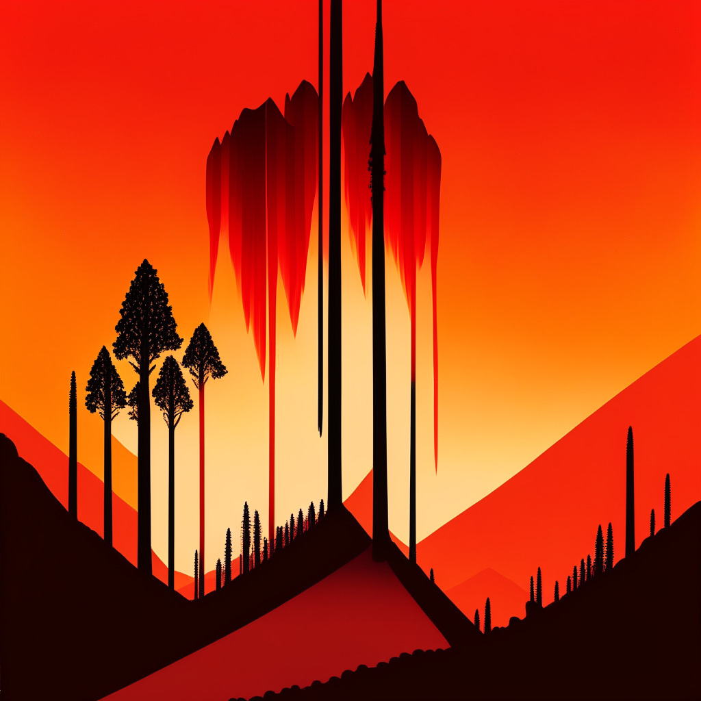 Sunset over an abstract landscape symbolizing change and decrease; valleys shaped like descending bar graphs indicating a downward trend in investments, a crimson red sky echoing the dramatic cutbacks. In the fore, the shadow of a Sequoia tree stands tall but bears hints of uncertainty, and the once-illuminated path leading to its base suddenly darkens halfway, symbolic of a shift in investment strategy. Mood of the scene is ambiguous, inciting both hopes for novel beginnings and regrets of the past.