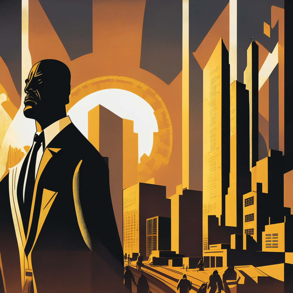 Abstract representation of a representative from South Africa's financial watchdog, robust, overlooking a stylized scene of crypto firms rushing to apply for licenses, set at dusk with shadows highlighting the watchdog. Include a background symbolizing imposed rules and regulation, in an Art Deco style, depicting a sense of vigilance and urgency.
