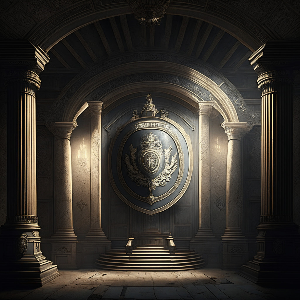 Depict an old, ornate scale with digital assets on one side and a shield signifying investor protection on the other, in a spacious, stone, classical architecture hall, hinting at a government institution. Illuminate it in a dim yet dramatic, chiaroscuro-style lighting, creating an intense contrast of light and shadow. The artistic style should be realistic with touches of neo-classicism. It should evoke a sense of tension, uncertainty, and dilemma, representing a paradox of regulation versus technological growth.