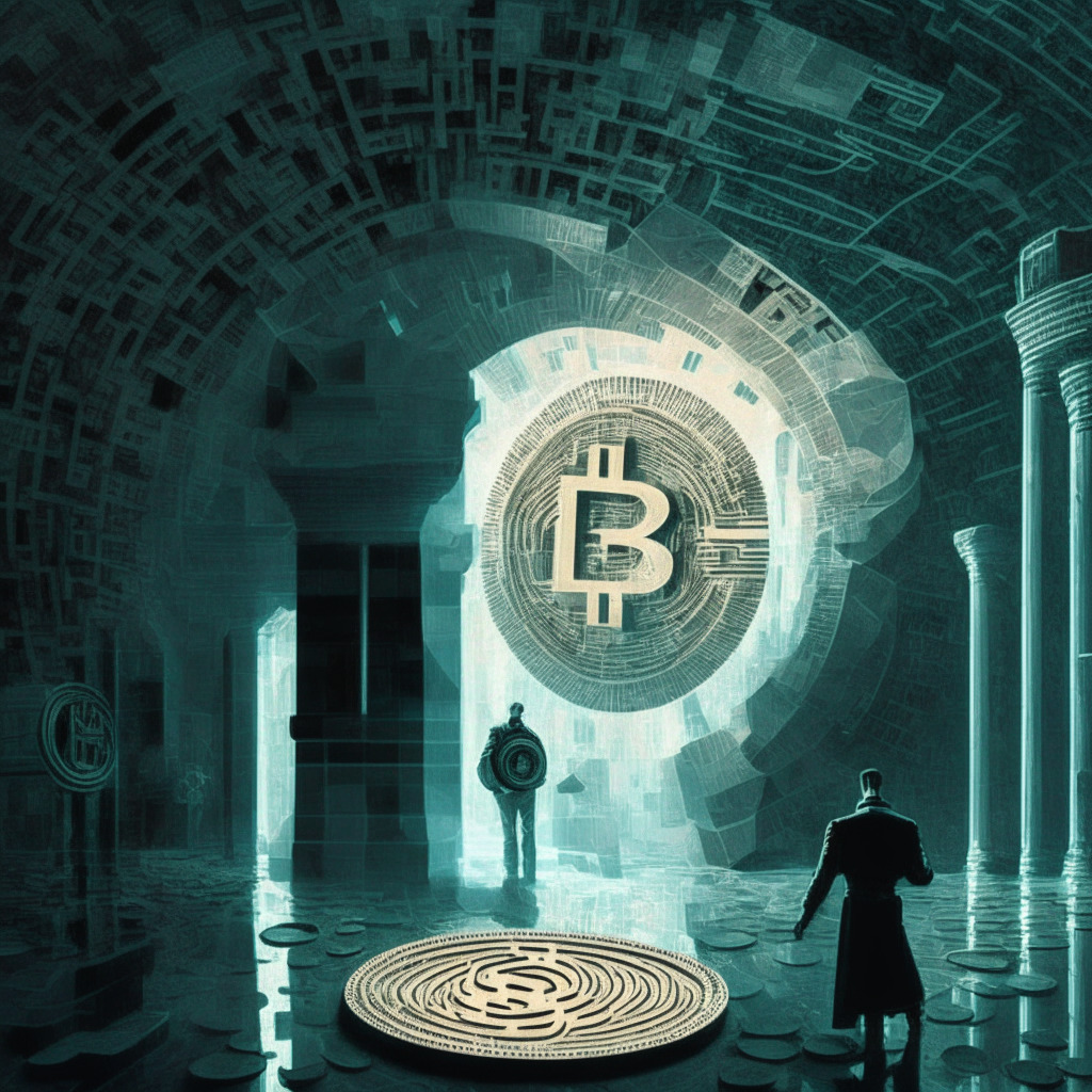 Depiction of a digital ruble coin swirling in a matrix-like cybernetic abyss, Russian architecture and Federal Bailiff Service members in background. Artists to use constructivist style, glimmers of light reflecting off the digital coin, casting long technological shadows, mood to be a blend of anticipation and cryptic intrigue.