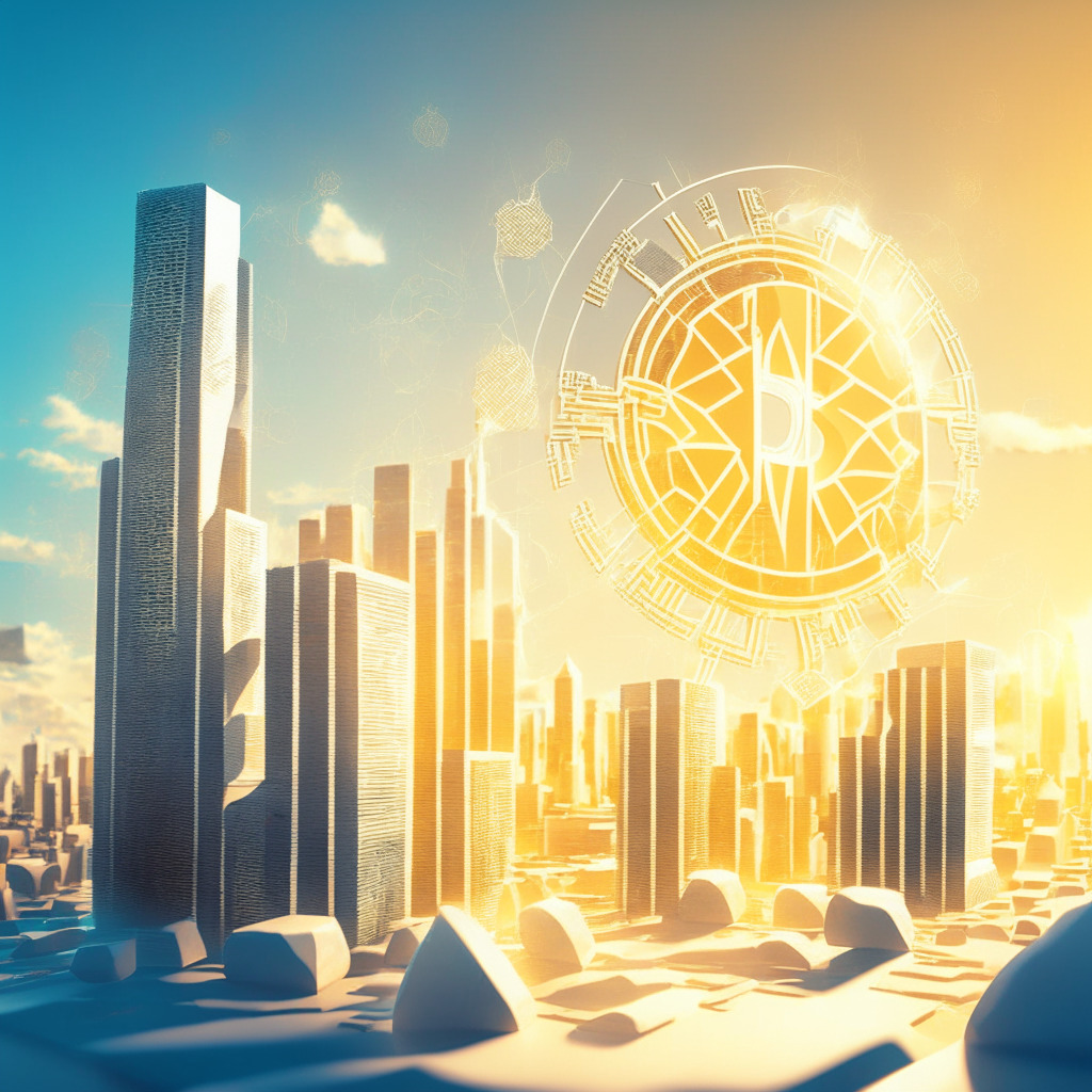 A detailed 3D illustration of a stylized Euro symbol acting as a foundation, supporting an environment of translucent, soaring blockchain nodes bathed in gentle sunlight. The nodes resemble buildings, symbolizing a thriving crypto cityscape achieving balance. The setting conveys a matutinal optimism, with the sky portraying the early stages of a sunrise, indicating a fresh start. The artwork beautifully communicates a sense of stability, clarity, and a gentle regulatory revolution in the warm and soft pastel color palette.