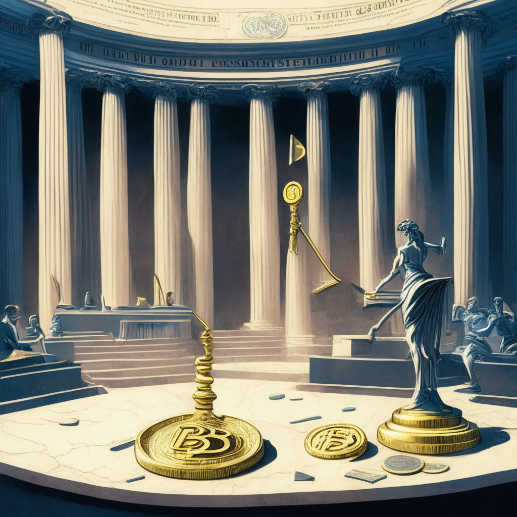 A symbolic scene representing the clash between regulatory bodies and Coinbase over staking services. The setting is a classic court room, imbued with hues of metallic gray, to depict the legal battle. On one side, an abstract representation of Coinbase, a gleaming golden coin inscribed staking services, and on the other, a gavel in stone depicting the regulatory authority. Mood is tense, defined by sharp, poignant light contrasts, shadows and atmospheric chiaroscuro. The style leans towards surrealism, amplifying the drama of the standoff. The background showcases whispers of unseen watchers, signifying the wider crypto community observing the outcome.
