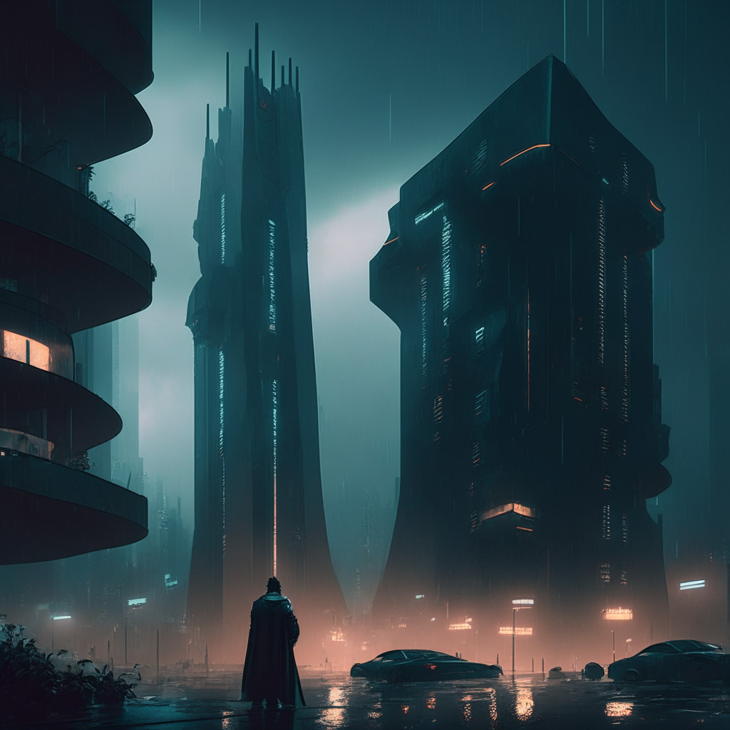Overcast cityscape with futuristic elements mixed with Neo-Seoul architecture, a financial regulator figure grappling and confiscating the assets from a troubled, futuristic crypto-lending firm. Vibe is grim with dystopian undertones, lit with soft, muted city lights and rendered in a blend of film noir and cyberpunk aesthetic.