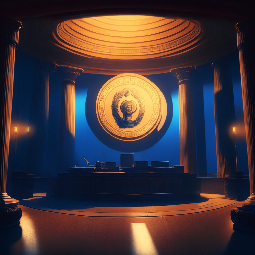 A sunset-lit courtroom, a large, imposing SEC seal on the wall facing a perplexed, miniature figure symbolizing Coinbase. Behind it, mounds of coins, representing cryptocurrencies. The atmosphere is tense, heavy with regulatory scrutiny, yet glimmers of hopeful blue light seep through the massive wooden entrance, symbolizing the future. In the far-off distance, a tropical island, indicating Bermuda, as a new dawn. The image depicts a dramatic, Rembrandt-style mood echoing the intensity of the regulatory dance between innovation and control.