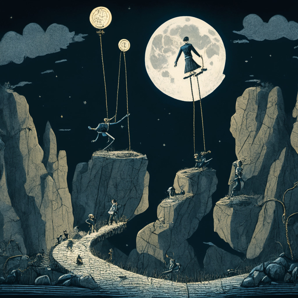 A Victorian-style illustration showcasing financial regulators and crypto exchanges skillfully navigating a metaphorical tightrope above a rocky terrain, signifying regulatory challenges. The scene is bathed in a dim, suspenseful moonlight bringing out their cautious steps. The mood captures the delicate balance between cryptocurrency's potential and its regulatory pitfalls.