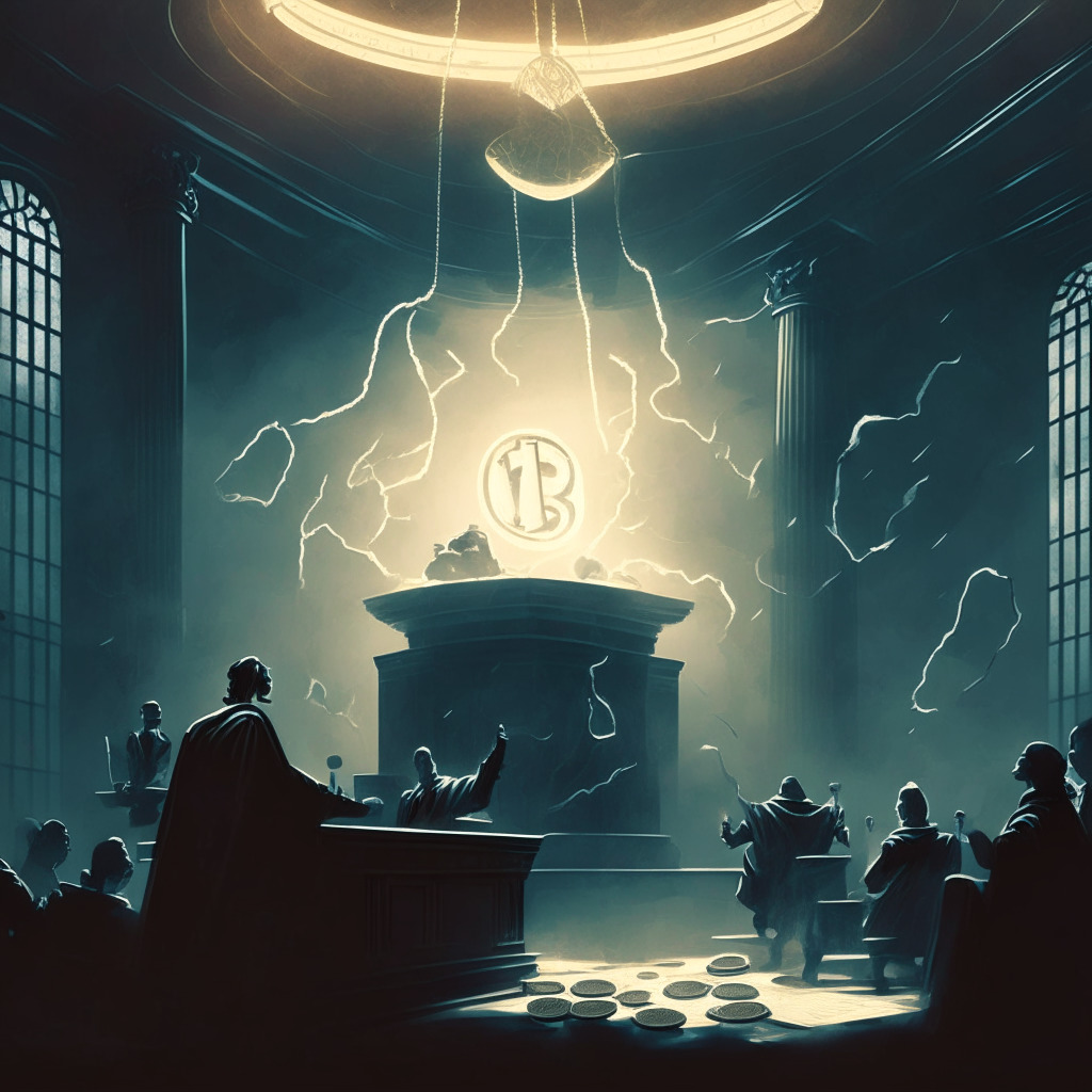 A stormy courtroom scene representing the uncertainties in cryptocurrency regulation, highlighted by shadowy silhouettes arguing with raised gavels, and an ethereal glow illuminating a scale, symbolizing balance and justice. A ghostly image of cryptocurrency coins weighed against a traditional dollar floats in the background, casting a soft light, capturing an ambivalent mood.