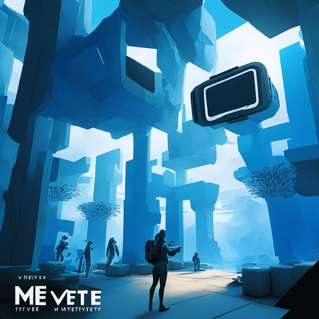 A mid-transition scene of Meta's Metaverse intending to revitalize, detailed in blues and greys for a futuristic tone, with a sense of optimism highlighted with warm light touches. Dive into the metaverse where VR meets mobile gaming, with a vibrant representation of gamers globally uniting via their smartphones. Showcasing interactive 3D landscapes intertwining with elements of VR headsets, symbolizing Meta's shifting strategy. The mingling between AI innovations and metaverse, subtly highlighted through ghostly figures holding tools, representing the generative AI for user-friendly building.