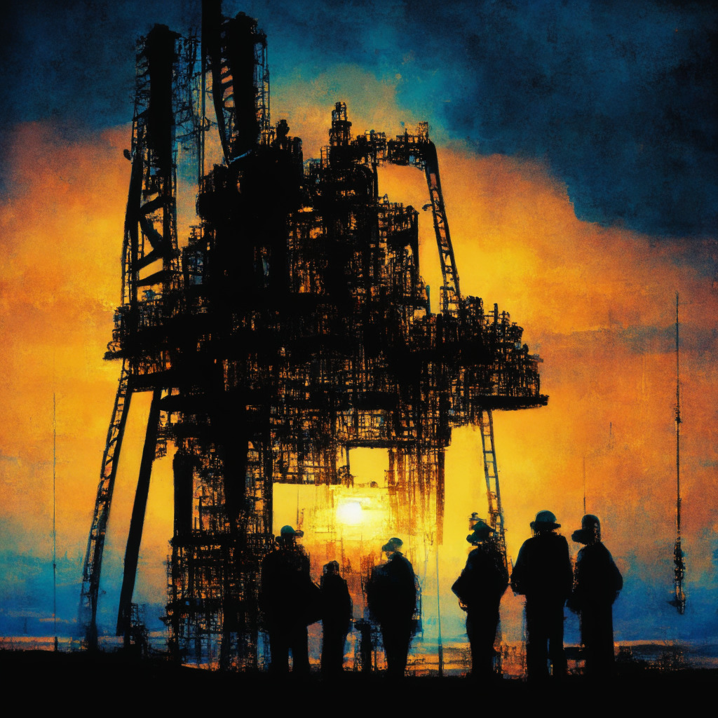 A dawn breaking over an oil rig sending off a column of gas, subdued in Impressionist style, and a team of innovators, with resolved determination etched on their faces, busily conferring over an intricate crypto mining machine powered by the rig, portraying hope and risk, ingenuity harnessing potentially harmful byproduct for a dual purpose - profit and sustainability.