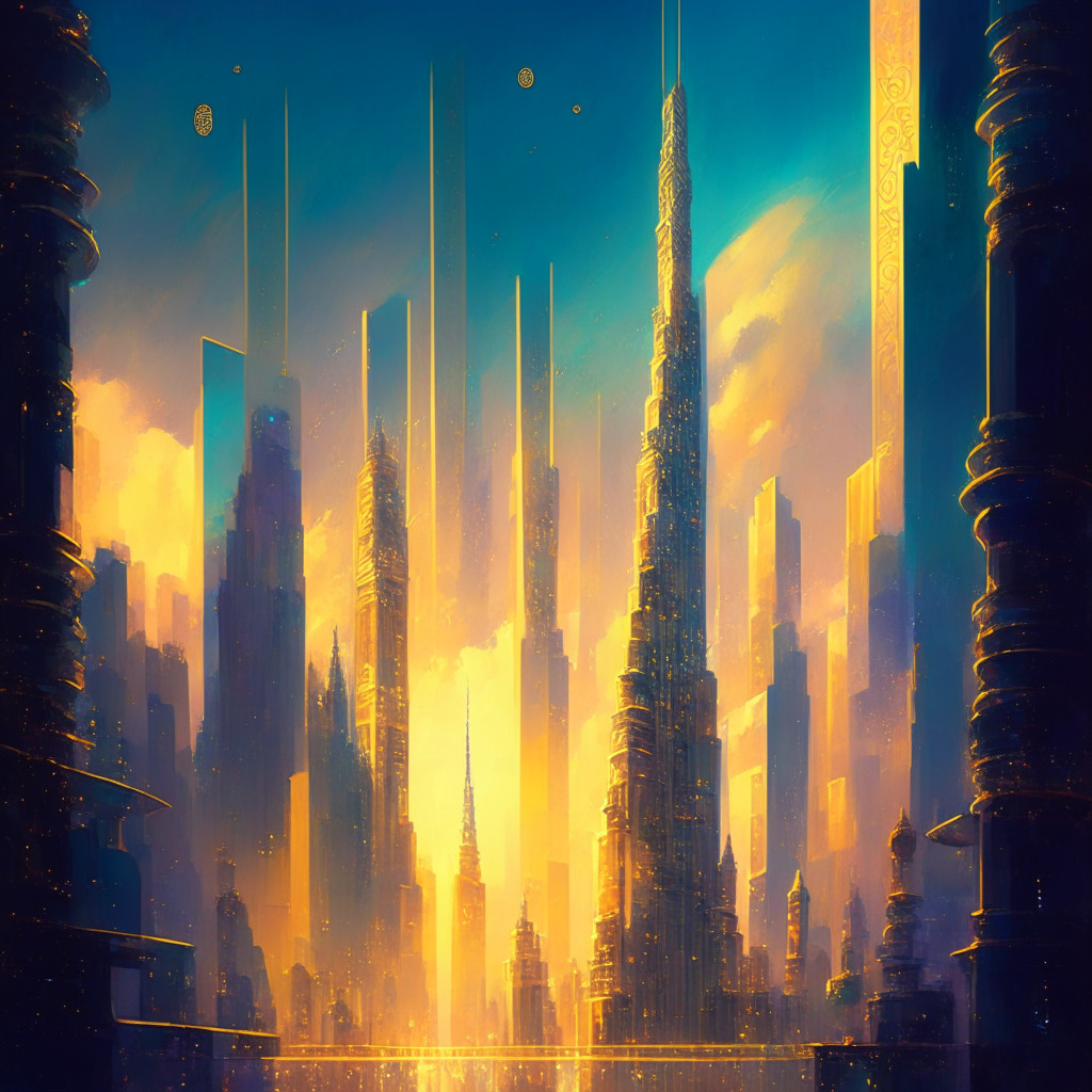 Imaginary cityscape at dusk, with skyscrapers made of cryptographic symbols, under an iridescent sky. Artistic blend of impressionism and futurism. A pathway of golden coins leads to a grand tower labeled 'EDX Markets'. Mood is anticipation, focus on a vibrant, bustling metropolis.